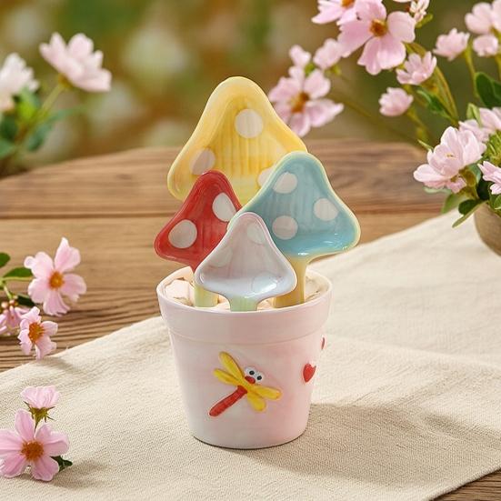 4-teiliges Keramik-Messlöffel-Set, Löffelhalter in Blumentopf-Form mit Pilzlöffeln, Niedliches Küchenwerkzeug für Reis, Backen, Valentinstagsgeschenk für sie