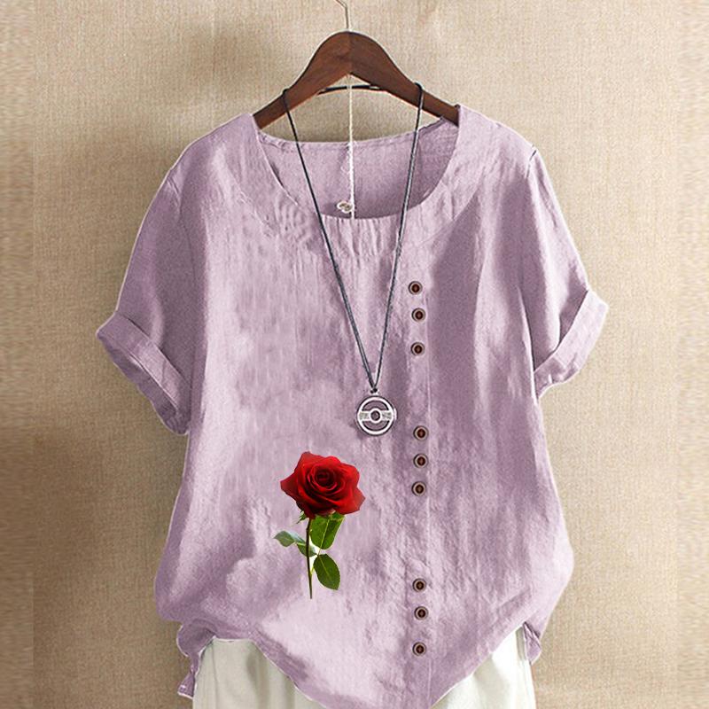 Women's New Fashion Linen Shirt Round Neck Short Sleeve Rose Printed T-shirt Summer Ladies Casual Plus Size Blouse Tops