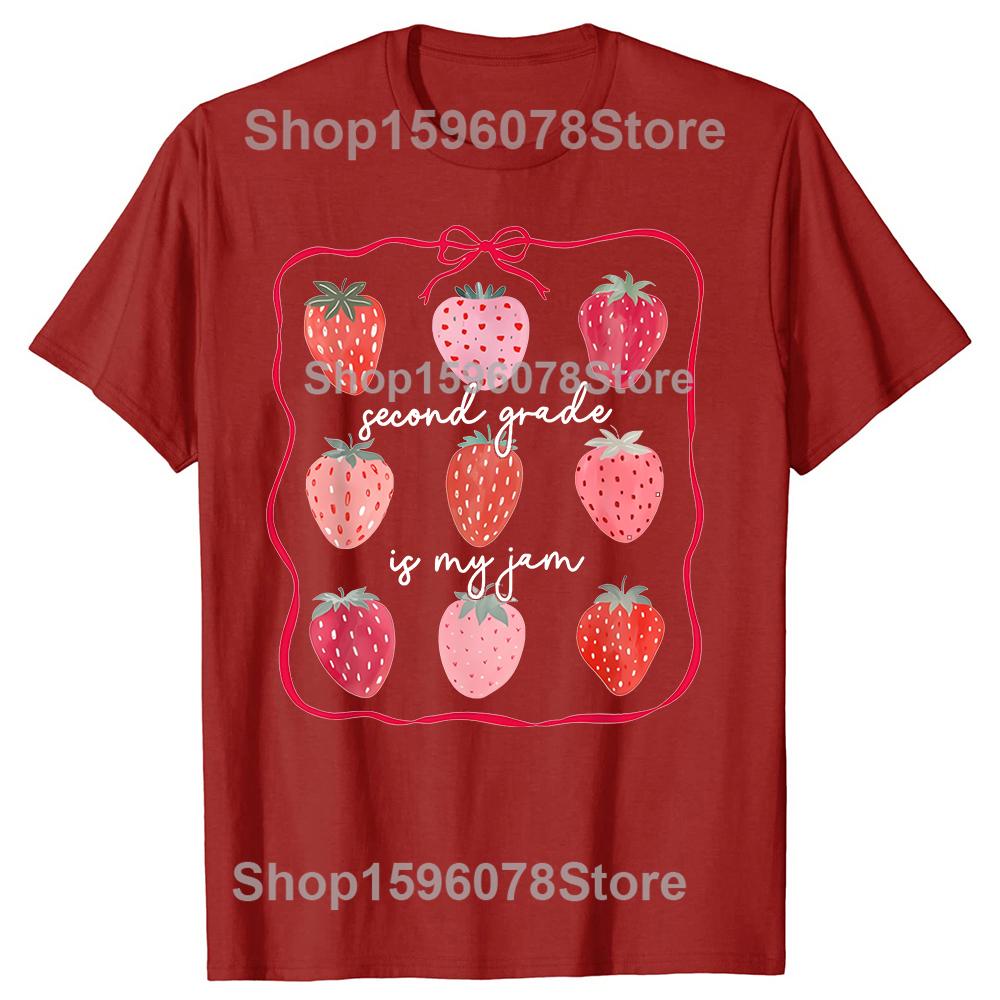 Women Second Grade is My Jam Strawberry Second Grade Teacher Tshirts 100 Cotton Loose Oversized T Shirt Summer S