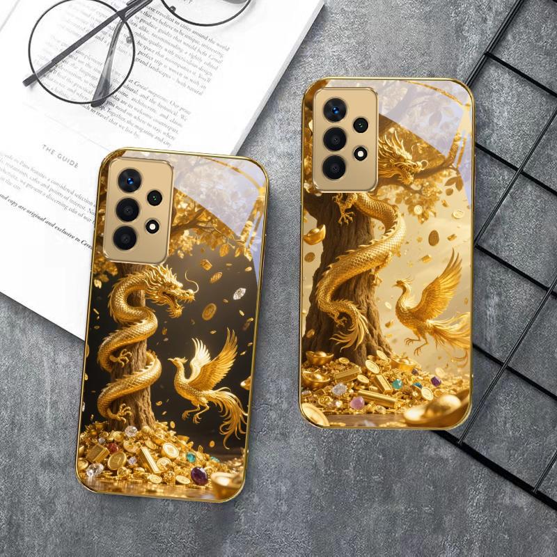 Goldener Drache sich windend Für Samsung A 01 52S A04 A05S A10 A12 A13 22 23 24 36 42 M02 Note 10 20Ultra 8 9 Goldene Glas-Handyhülle