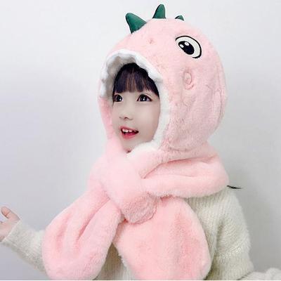 Härlig Tecknad Varm Vindtät Köldtålig Dinosaurie Pullover Hatt Halsduk Integrerad Mössa Plysch Pilotmössa Vintermössa Mössa Babymössa