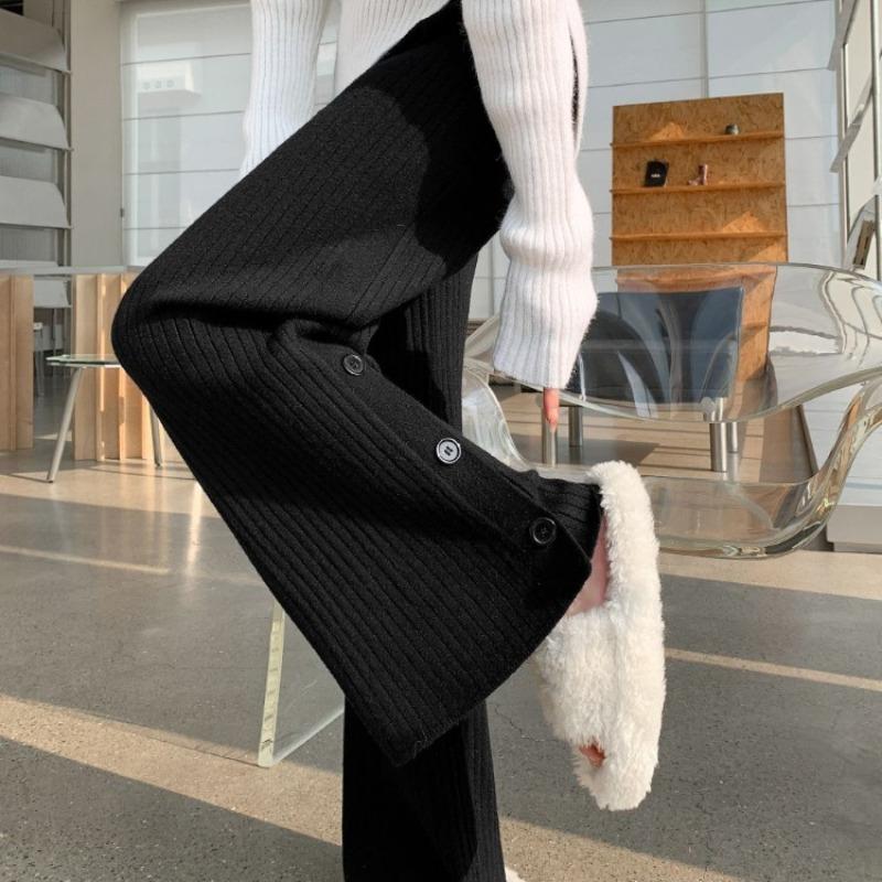 Split Knitted Wide Leg Pants for Women In Autumn and Winter, Loose Fitting, High Waisted, Draped, Casual and Comfortable Pants