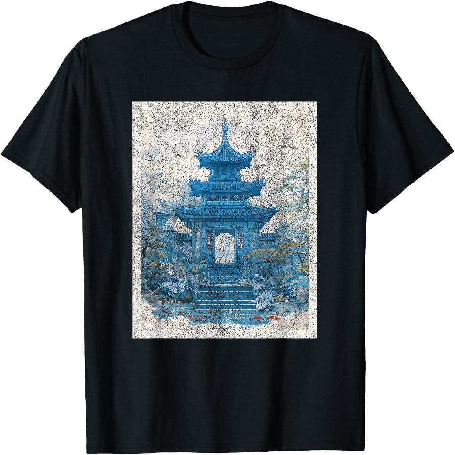 Японская пагода Пейзаж Ретро Винтажный Графический Искусство Укиё-э Футболка S