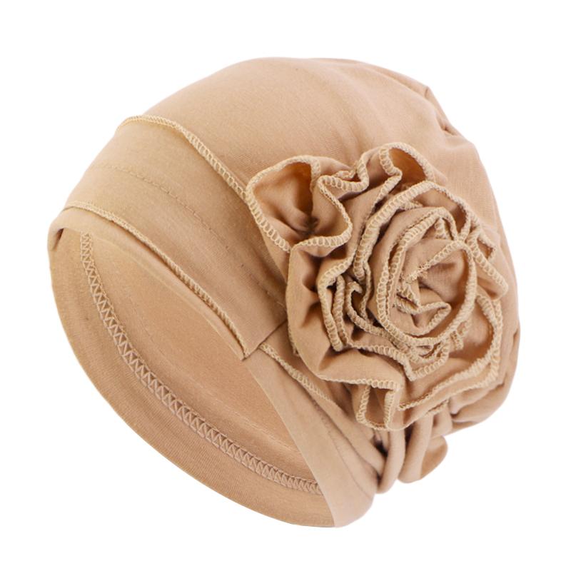 New Elegant Women Solid Color Flower Cuffed Turban Hat Soft Cancer Chemo Head Scarf Hats Beanie Cap Elastic Covers Wraps