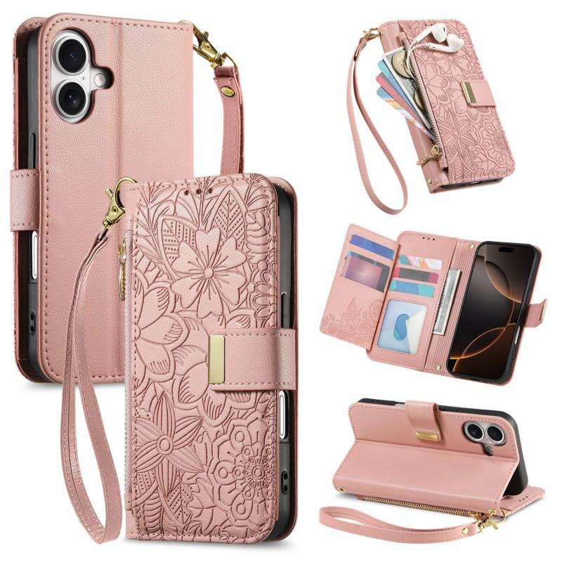 Elegant Floral Leaf Flip Phone Case IPhone 18 17 16 15 With Magnetic Card Slot Stand PU Leather Cover