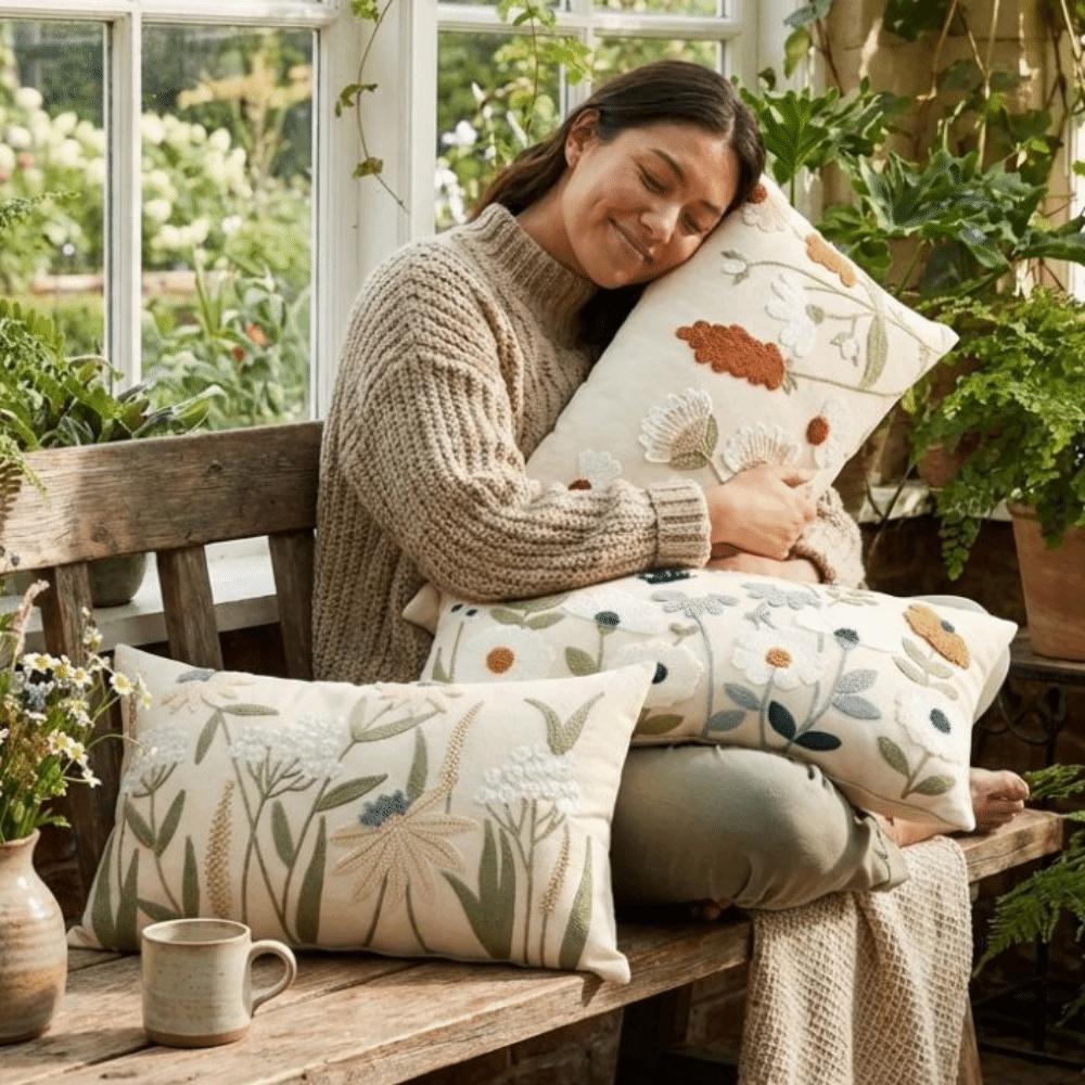 Pastoral Floral Tufted Throw Pillow Cover Canvas Throw Pillowcase  Home Decor