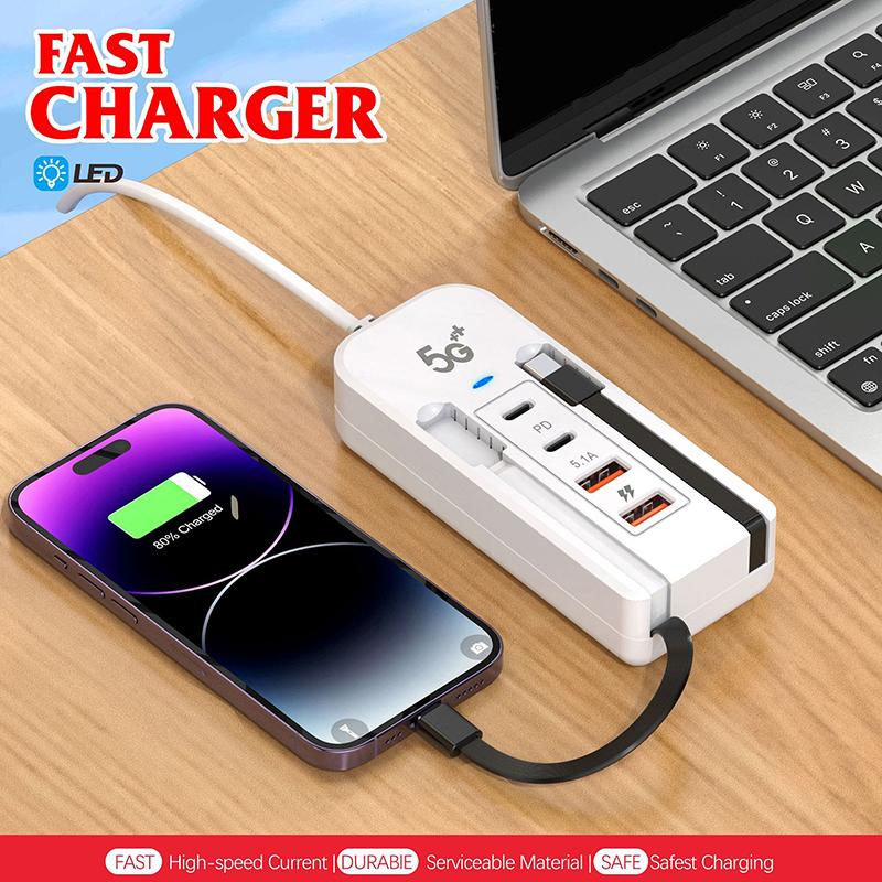 4 Port Usb Charger With Type C Socket Extension Cable Multi Port Dual Pd Fast Charging For Mobile