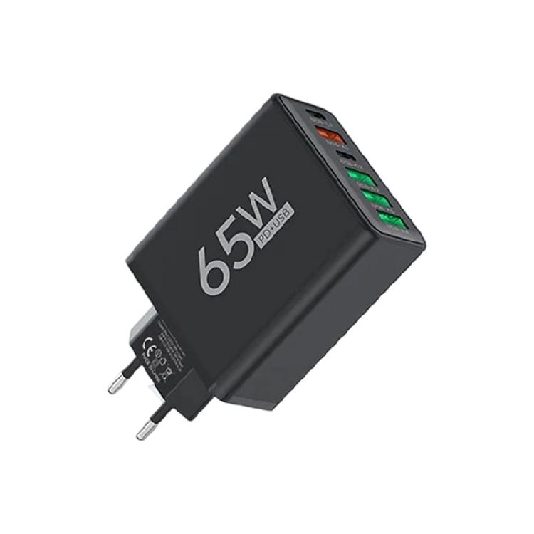 Double PD & 4 USB A Ports EU Plug Travel Plug Adapter 65W USB Wall Charger Rapid Charging Block for Phone Tablet
