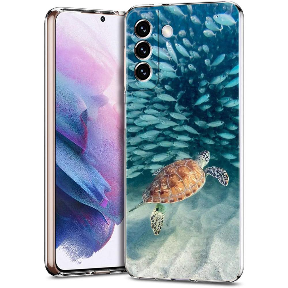 Phone Case For Samsung S24 Ultra S23 FE S22 S20 S21 5G S10 S9 Plus S10E S8 Soft Clear lovely Cartoon sea turtle ocean blue Cover