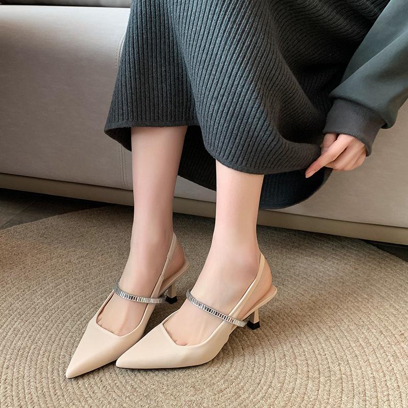 High heels women's 2025 new thin heel pointed head bag head one word rhinestone niche French temperament single shoes sandals black