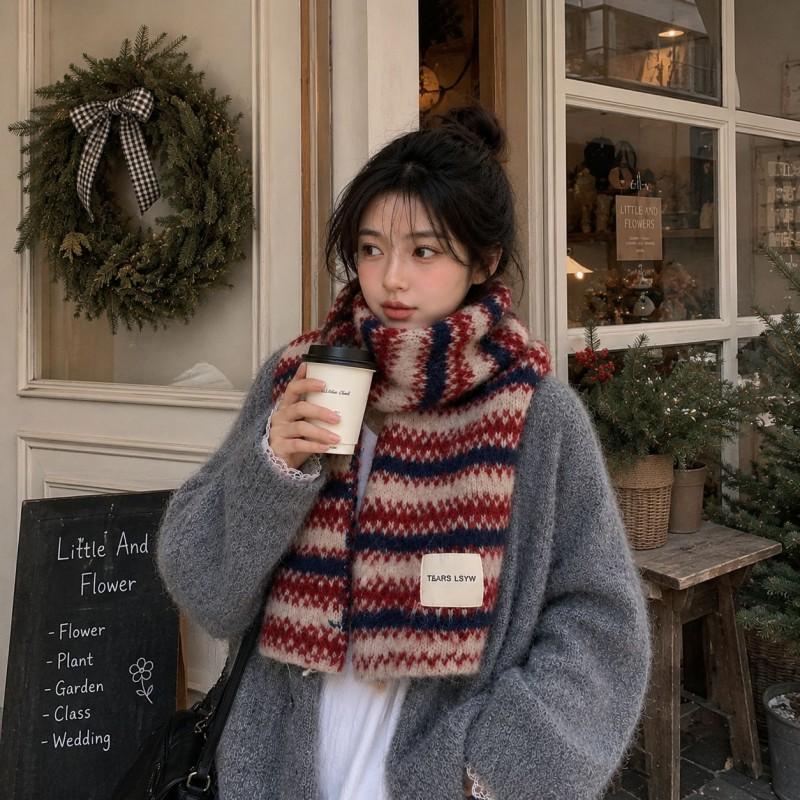 Womens Thick Knit Scarf With Colorful Stripes Warm Winter Accessory Soft Lightweight Wrap Daily Wear