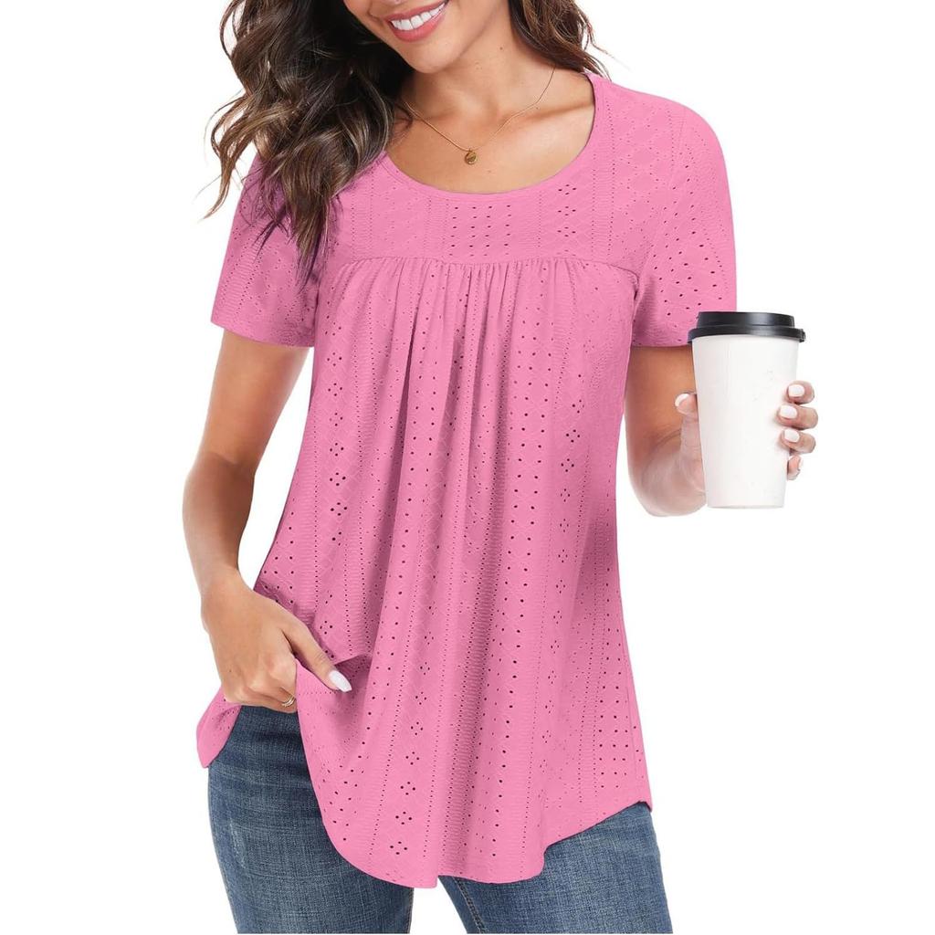 Women Casual Hollow Out Short Sleeve T Shirt Round Neck Loose Fit Lightweight Breathable Summer Top