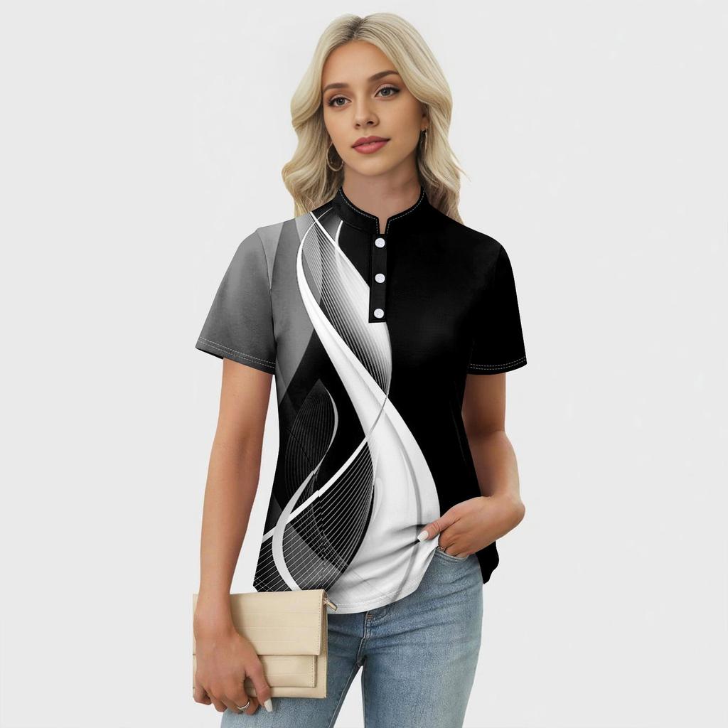 Women's Casual Floral Print V-Neck Short Sleeve Decorative Button T-Shirt Top