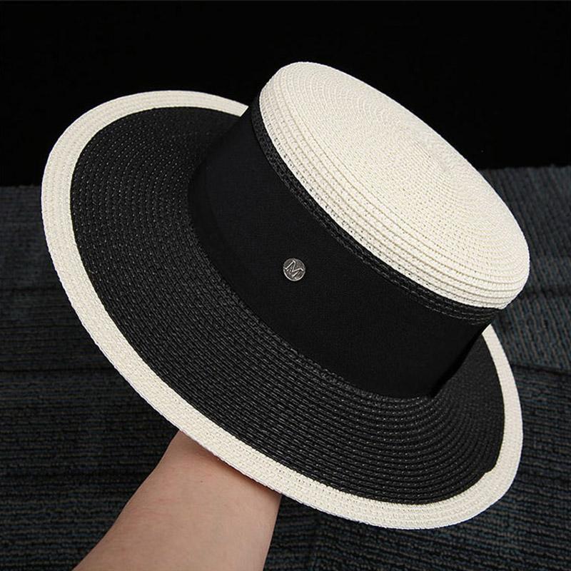 

New Fashion Women Short Wide Brim Straw Hat Sun Protection Color Matching Flat Boater Hat Summer Beach Ladies Derby Holiday Cap 54-58 чорний