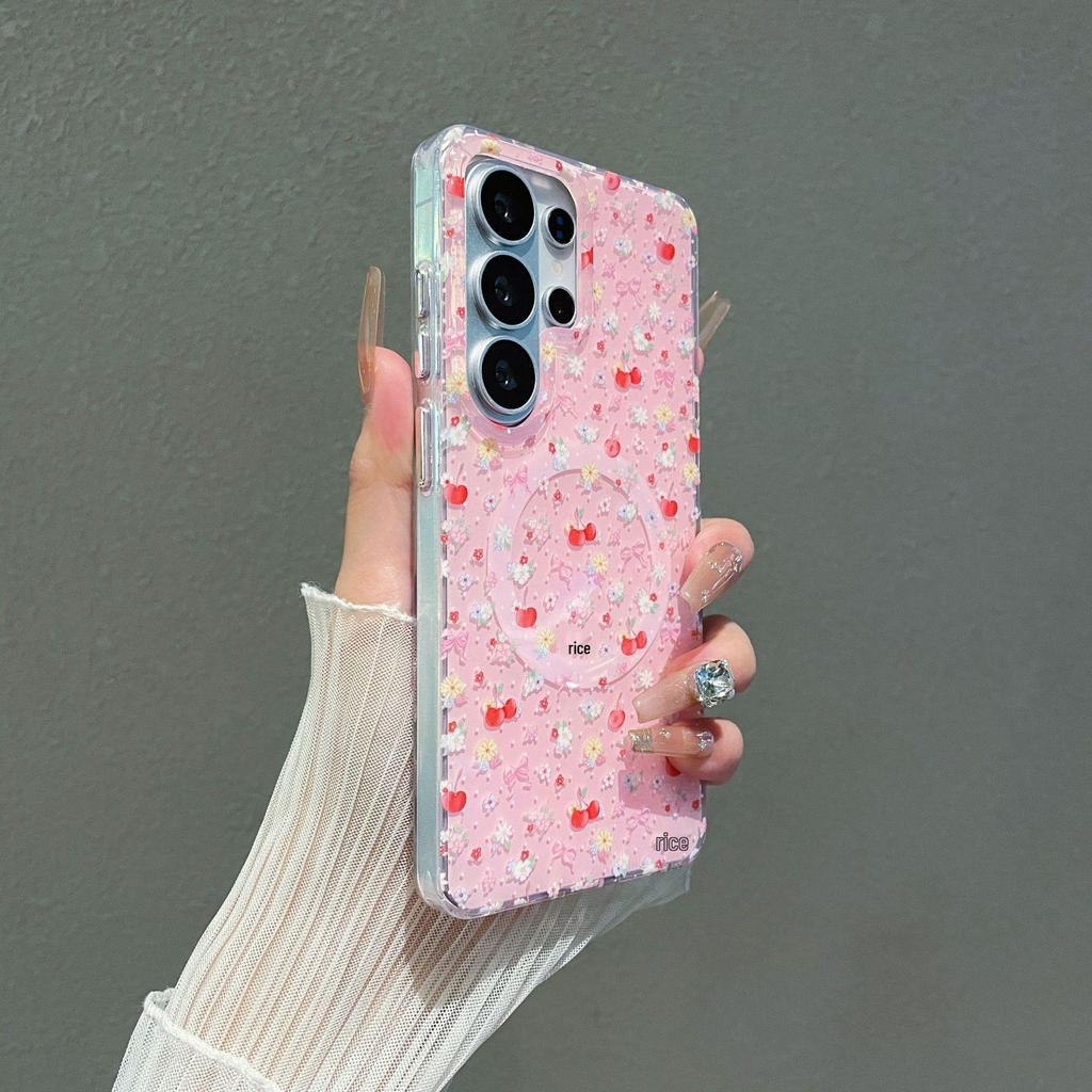 Cherry Blossom Floral Samsung S26 Ultra Magnetic Full Coverage Phone Case S24/S25 Protective Cover