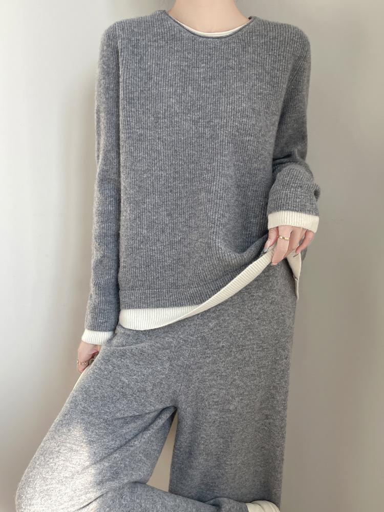 Women's Wool Suit: Two-Piece Look, Autumn/Winter, Versatile High-Quality Sweater and Pants, Lazy Style
