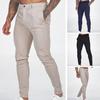 Men Pants Slim Fit Solid Color Mid Waist Soft Thin Breathable Slant