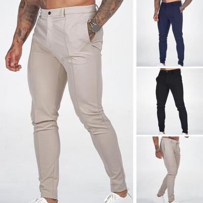 Men Pants Slim Fit Solid Color Mid Waist Soft Thin Breathable Slant