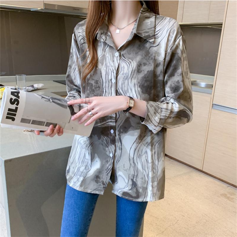 Jarní volné Dámská košile Ink Splash Print Košile s dlouhým rukávem Dámská košile s dlouhým rukávem Zapnout Neck Blusas Mujer De Moda 2022