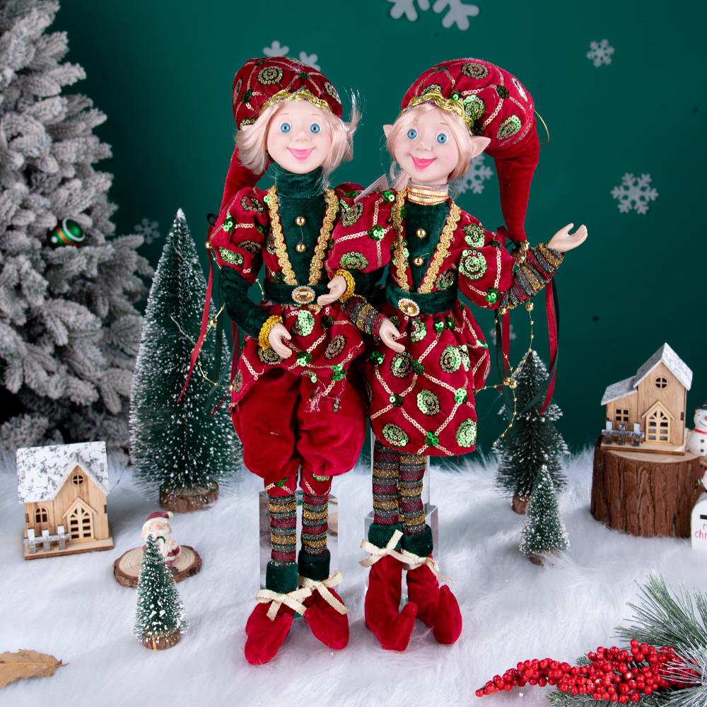 Ensemble de poupées lutins de Noël rétro Rouge-Vert-Or