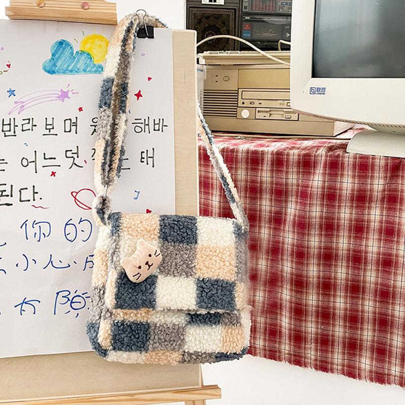 Damen Plüsch Umhängetasche Karomuster Schultertasche Reißverschluss Halbmond Halbkreisform Stoffgeldbörsen Mädchen Niedliche Umhängetaschen