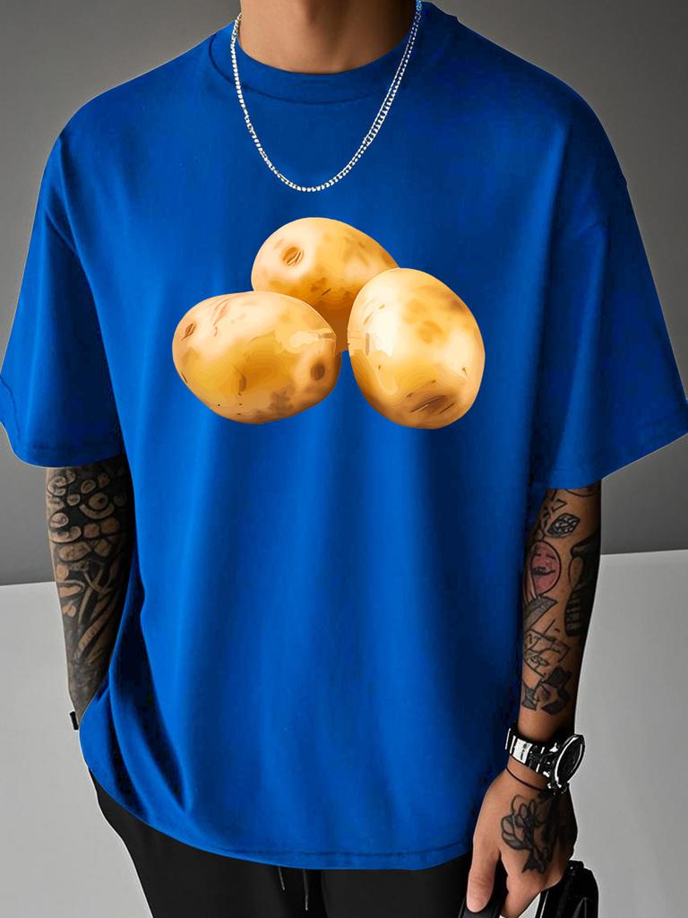 Unisex Summer White Short Sleeve Tee Realistic Three Potatoes Vegetable Graphic Crew Neck Loose Casual Male Daily Street Tops