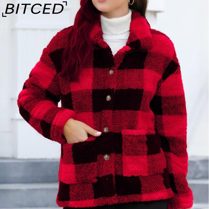 BITCED Women's Plaid Fleece Jacket with Patch Pockets Versatile Long-Sleeve Winter Fashion Casual Coat