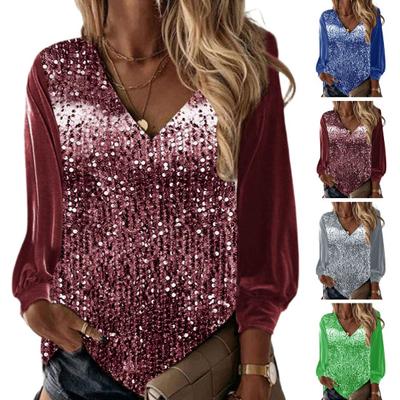 Fall Spring Women Top Shiny Sequin V Neck Long Sleeve Patchwork Loose Pullover Soft Breathable Mid Length Lady Commute Shirt Blouse