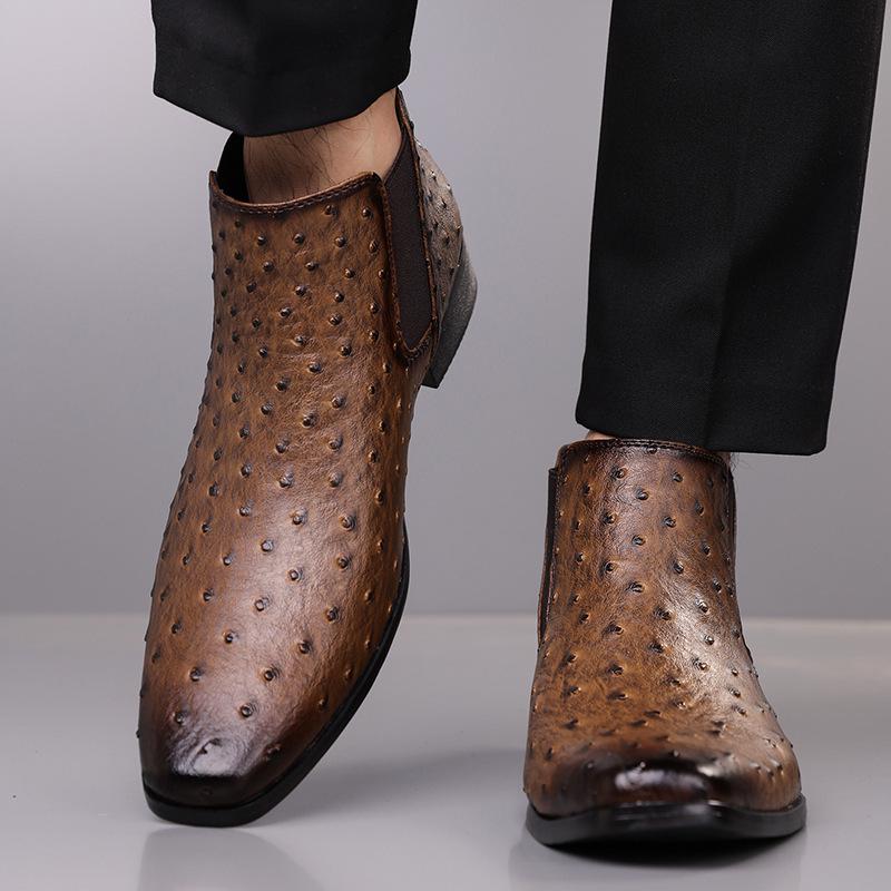 Retro Embroidered Ostrich Pattern Men's Mid-Calf Square Toe Knight Boots, Plus Size 38-48