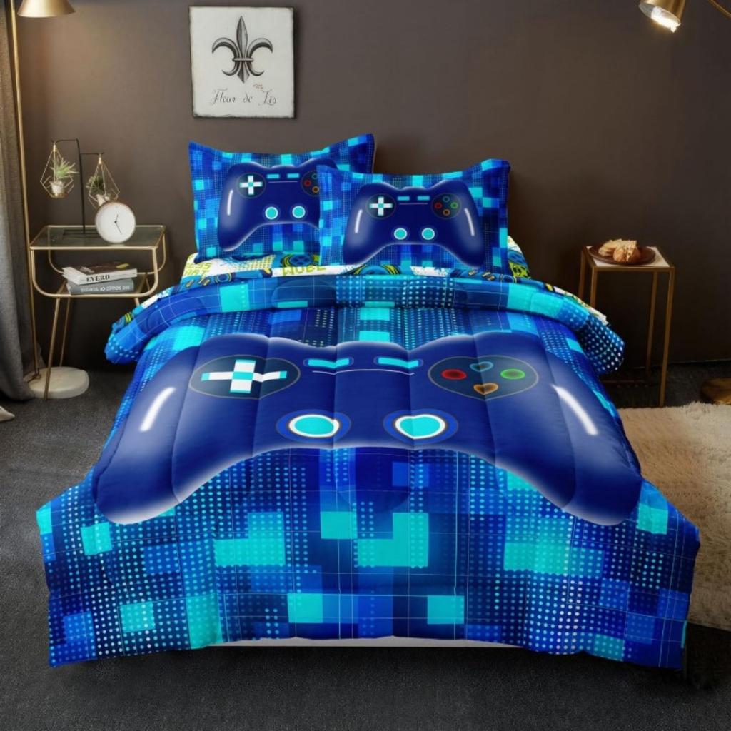 Größe Bett im Sack 3/4 Teile Gaming Bettwäsche-Set Für Jungen Blau Gamer Bettdecke Mit Bettlaken-Set Für Kinder Teenager Cool Videospiel Tagesdecke