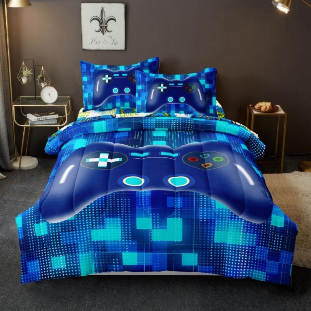 

Size Bed in A Bag 3/4 Pieces Gaming Bedding Set for Boys Blue Gamer Comforter with Sheet Set for Kids Teen Cool Video Game Quilt US Twin(172x218cm)
