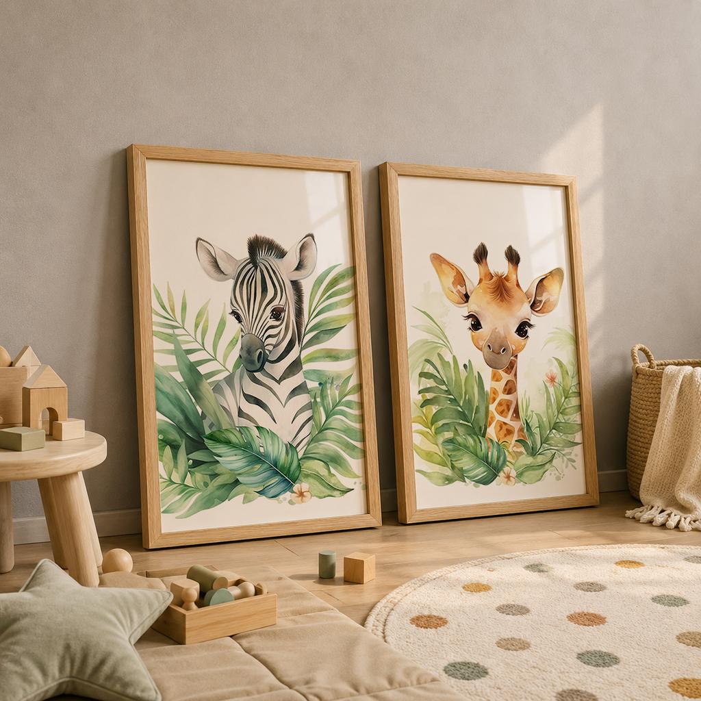 Nursery Plant Wall Art, Cute Giraffe Elephant Zebra Safari Canvas Painting, Animal Poster Print for Baby Kids Bedroom Decor