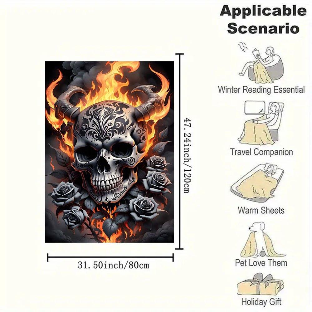 "Flaming Devil Skull with Roses Wall Art Print"Blanket Flannel Throw Blanket for Sofa, Bed, Travel, Camping, Office, Couch, Chair, And Bed G