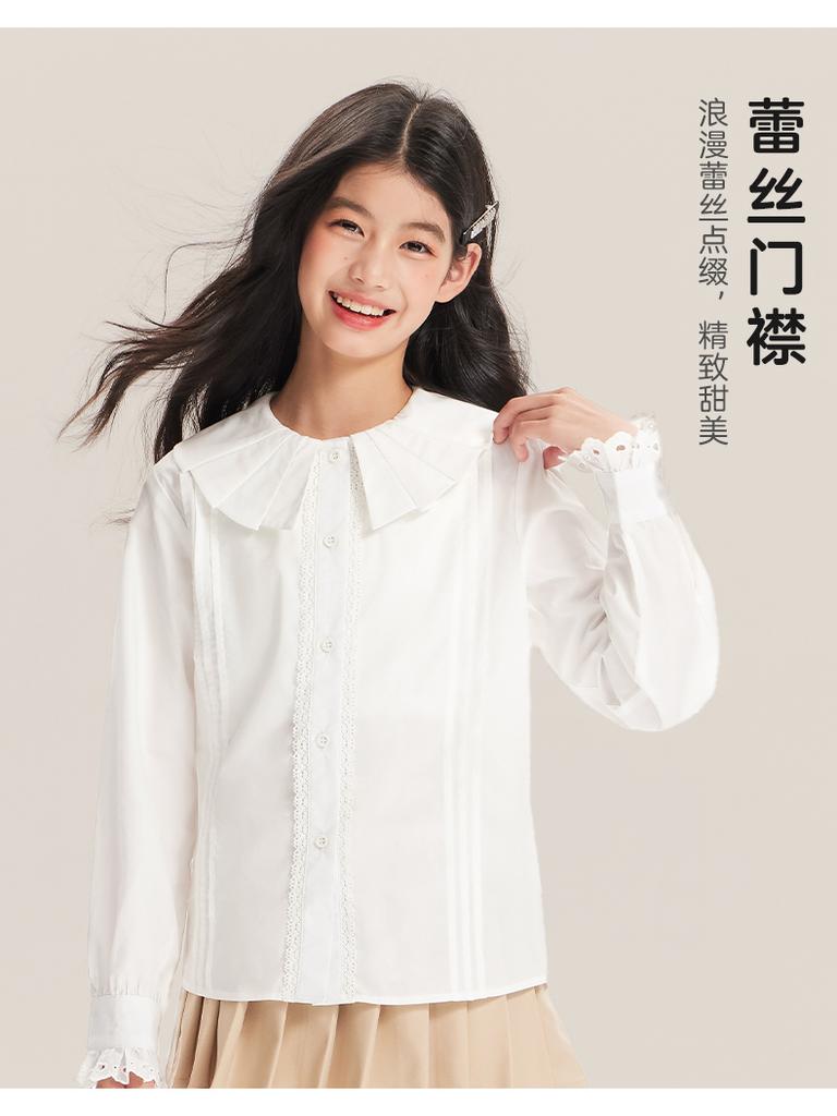 Girls' Shirt 2025 Spring New Style Doll Neck White Top Children's Thin Shirt