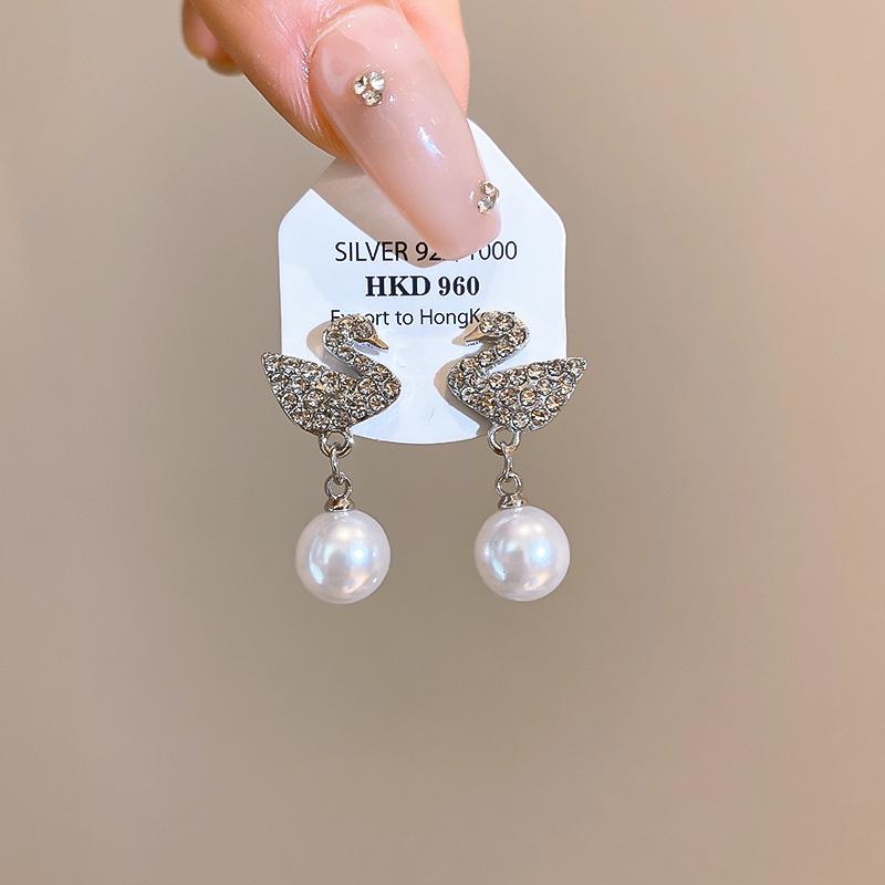 High-End Silver Needle Pearl Swan Earrings - Creative, Elegant, and Unique Jewelry for Women