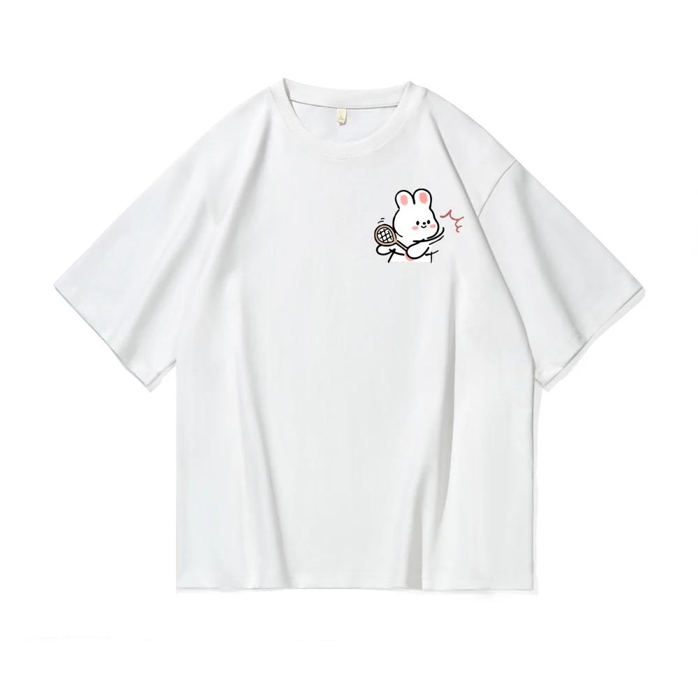 2025 Summer Cartoon Tennis Rabbit Print Couple T-Shirts Tee for Men Women Casual Loose Short Sleeved Tshirts Top