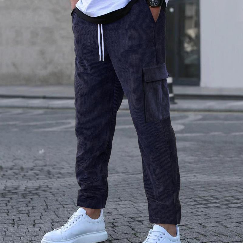 Men's corduroy trousers solid color sweatpants loose straight multi-pocket men's thin casual pants autumn and winter
