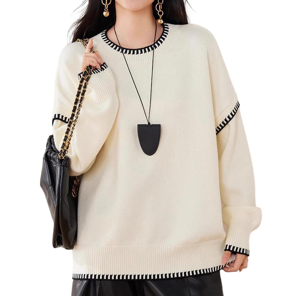Women's Fashionable Casual Versatile Lazy Style Contrast Round Neck Pullover Long Sleeve Loose Knitted Sweater