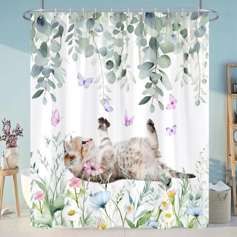 Beautiful Plant Flower Shower Curtain Eucalyptus Leaf Cherry Blossom Scenery Cat Butterfly Polyester Bath Curtain Bathroom Decor