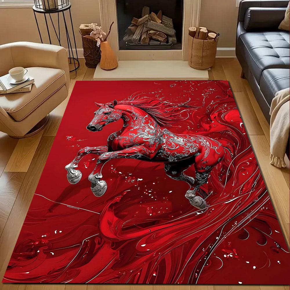 Red Horse with Ornate Floral Patterns Patterned carpet, non slip mat suitable for living room and bedroom sofas