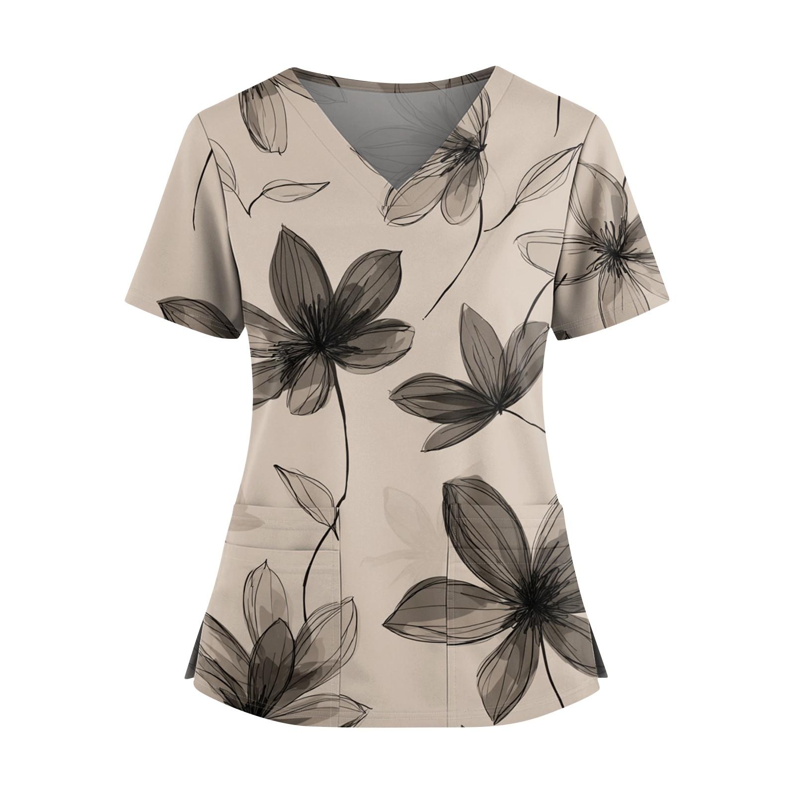 

Женская модная рубашка с цветочным принтом, V-образным вырезом, двойным карманом, короткими рукавами, разрезом по низу и защитным рабочим топом XXL бежевый