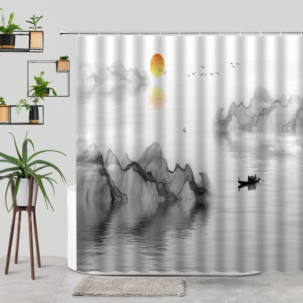 Waterproof Ink Painting Bamboo Leaves Bird Shower Curtains, Mountain Water Plant Landscape, Bathroom Curtain, Home Decor
