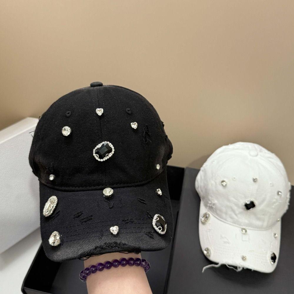 Torn Effect Rhinestone Baseball Cap Cotton Hip Hop Cap Luxury Hole Washed Hat Outdoor Sports