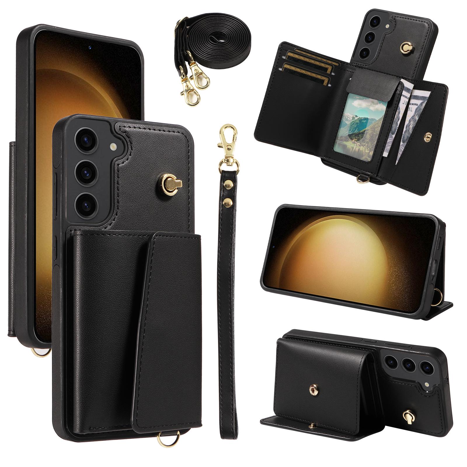 

Чехол-кроссбоди для телефона Samsung Galaxy S23+ с держателем для карт, подставкой, покрытый кожей, ТПУ мобильный чехол Black