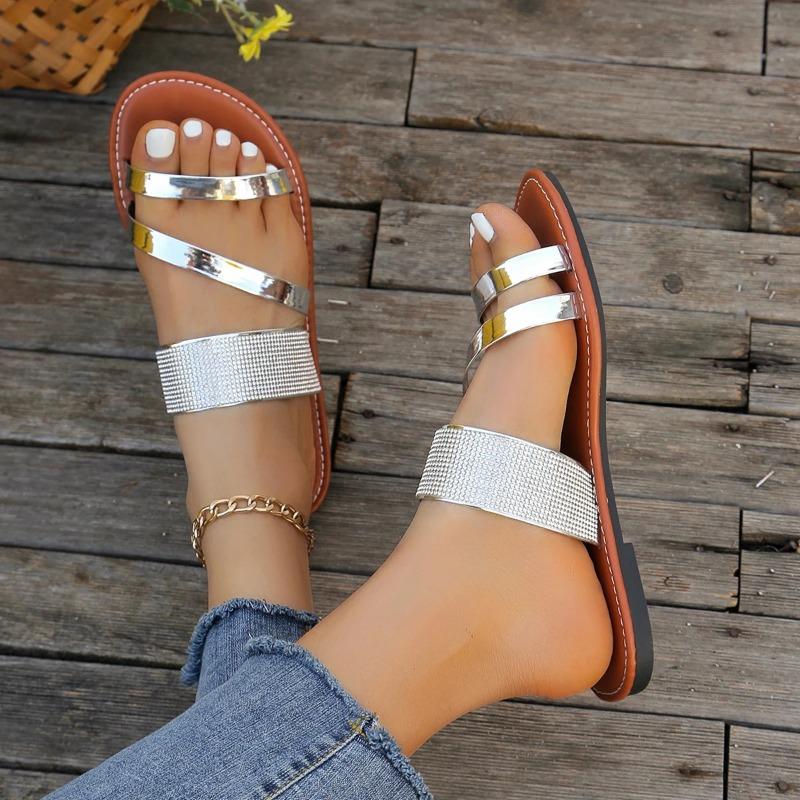 European American Style Slippers 2024 Summer Water Diamond Decorative Flat Bottom Anti Slip Herringbone Slippers Zapatos Mujer