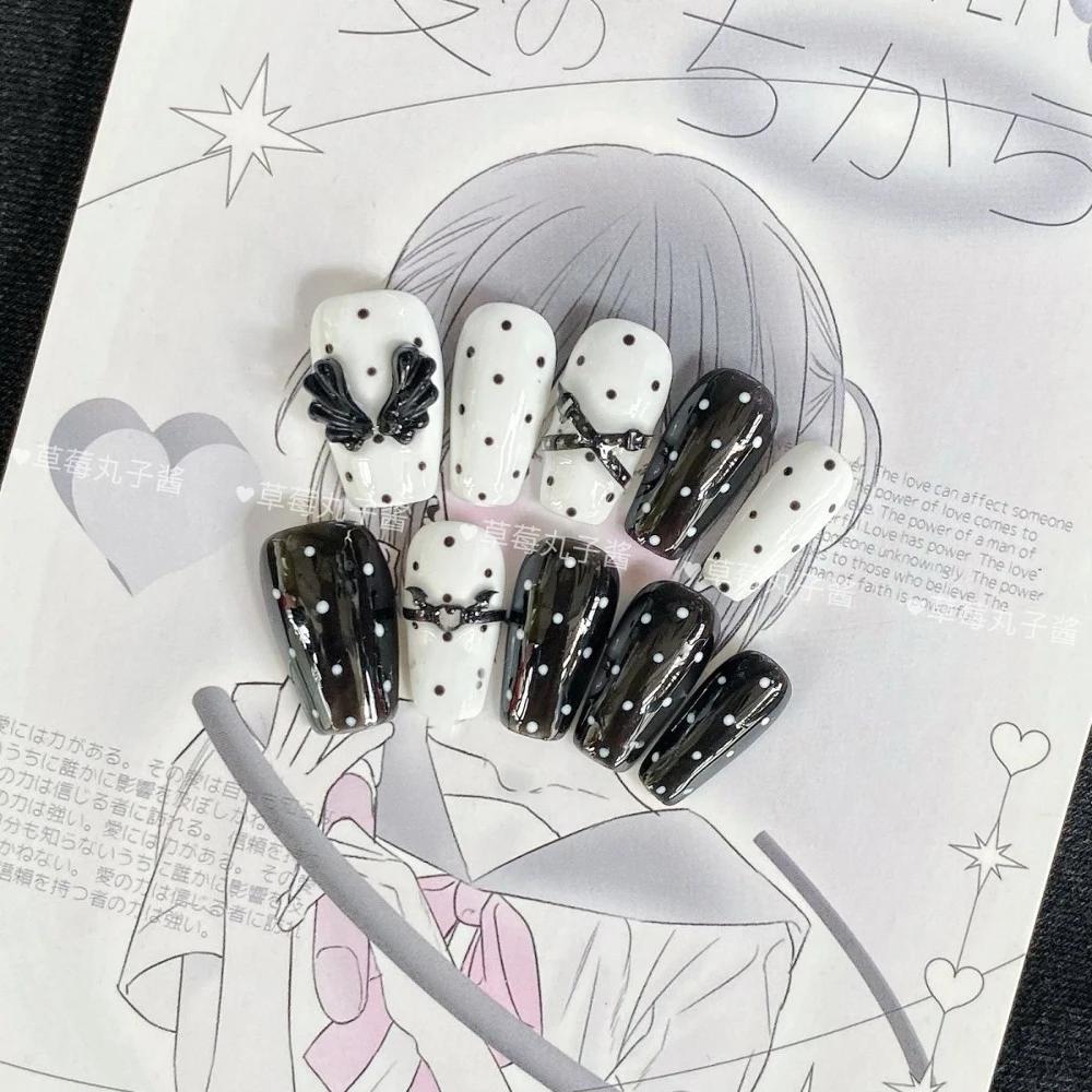 10Pcs Y2K Handmade Press On Nails Short Square Cartoon Stickers Pearl Wings Heart Bow Holiday Gift