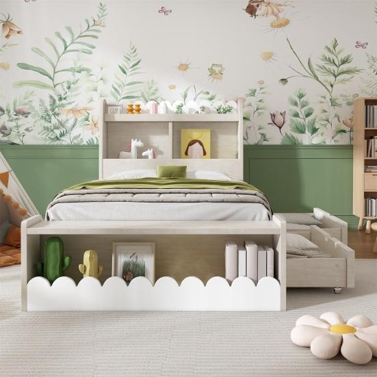 Children Bed Single Bed Storage Bed with Drawers, Shelf And Bench with Storage Space, Wooden Bed 90x200cm, Bed Frame And Slatted Frame Made of Wood,