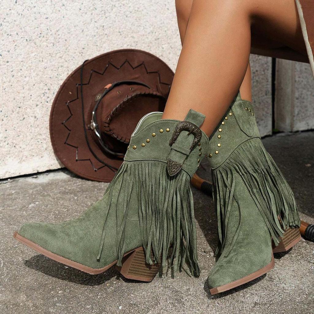 Womens Mid Calf Boots Flat Heel Womens Boots Comfortable Pull On Chunky Heel Pointed Toe Fringed Boots Botas Invierno Mujer