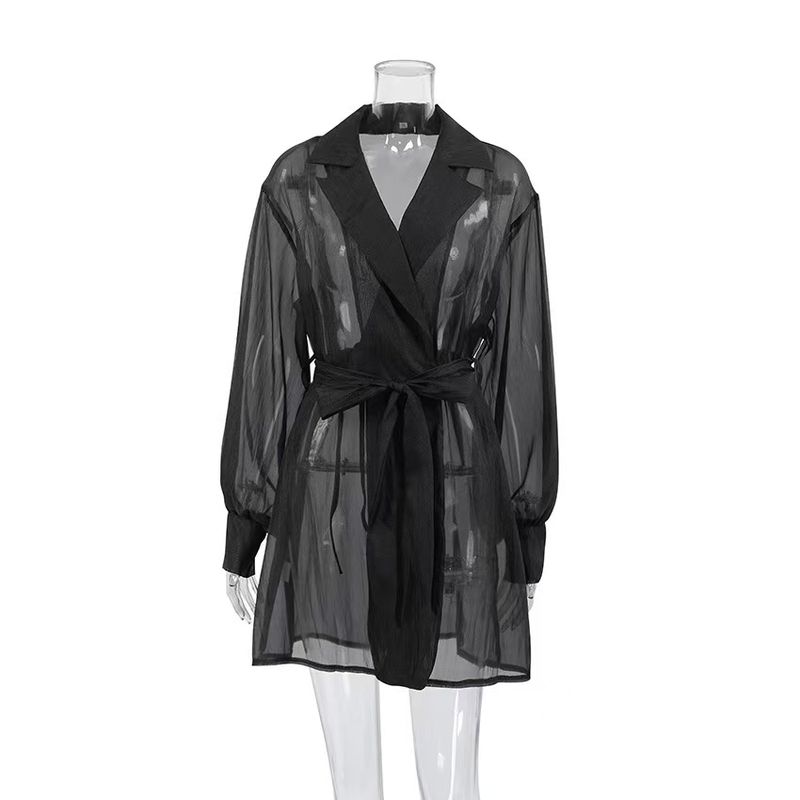 

Western Style Mesh Cardigan Lace-up Sexy See-through Dress Sexy Perspective Mesh Dress Black L