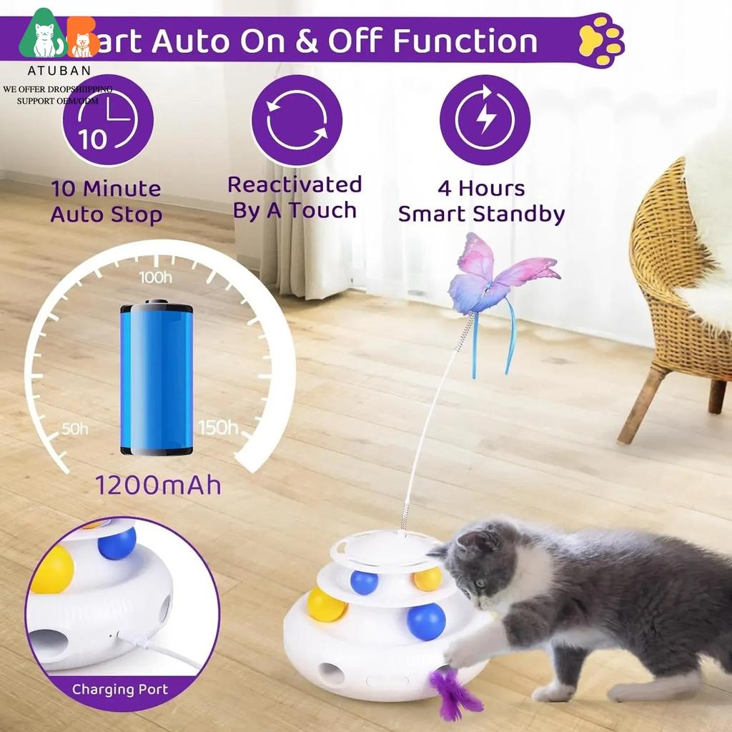 ATUBAN 3-in-1 Automatic Interactive Cat Toys Rechargeable,Fluttering Butterfly,Moving Ambush Feather,Smart Cat Toy for Indoor